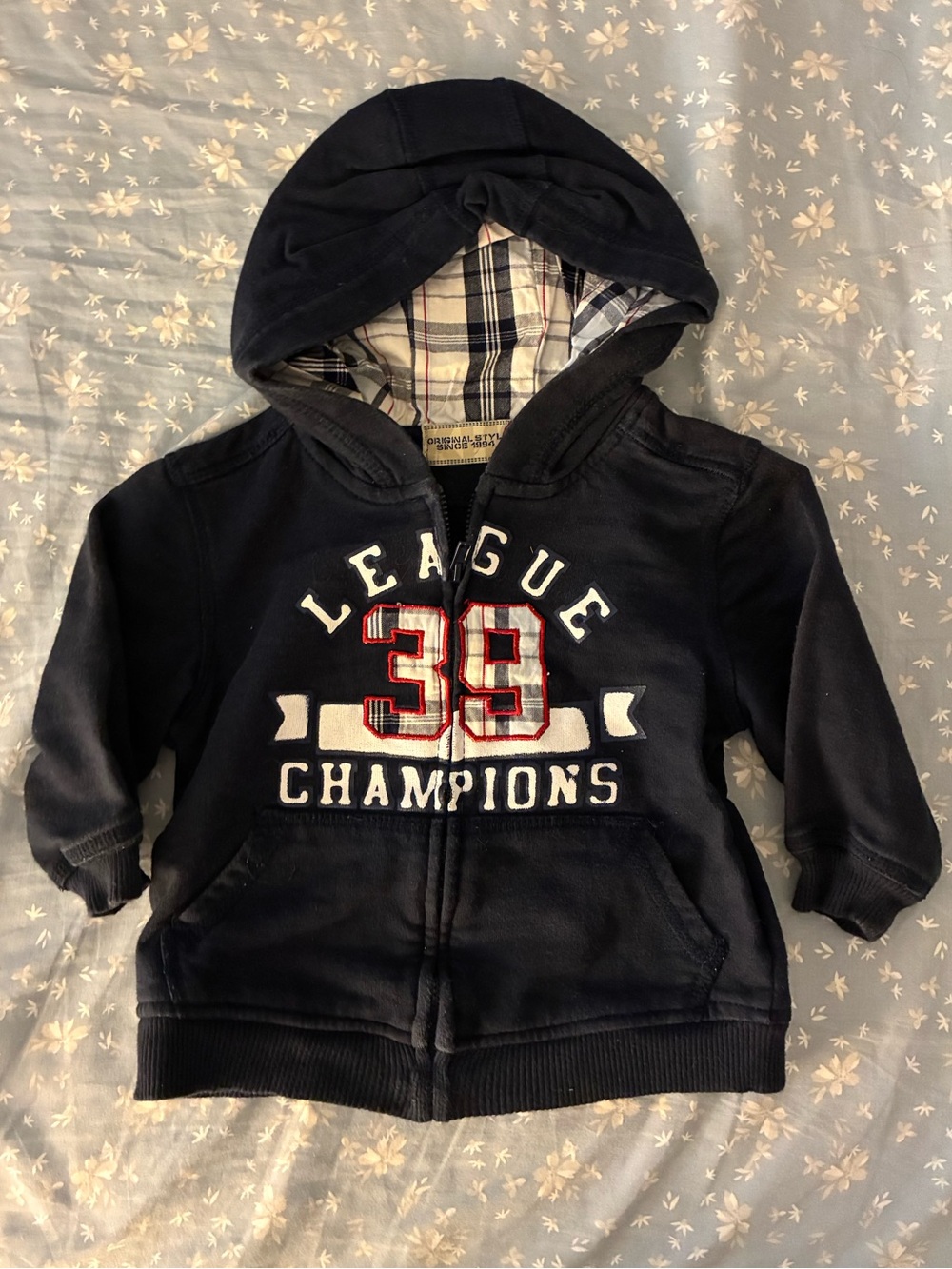 The Children's Place Navy Hooded Zip Sweatshirt with Plaid Lining